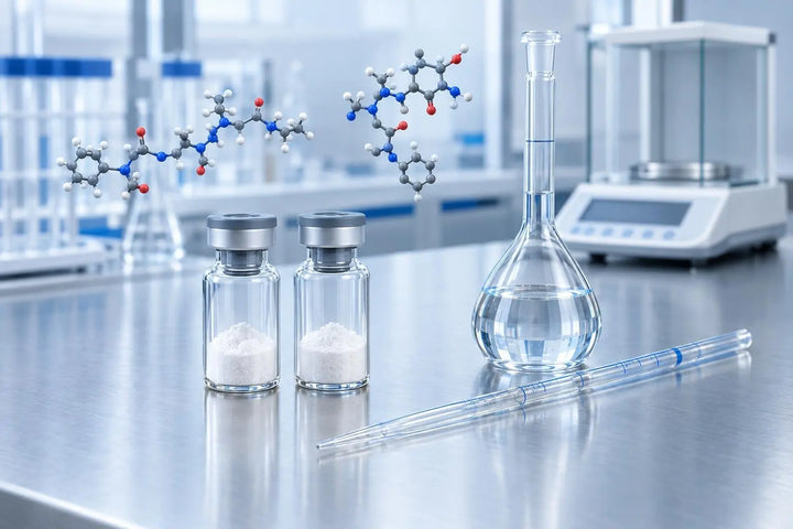 Two research vials of lyophilized peptide powder beside a volumetric flask and pipette, illustrating in vitro stock concentration preparation