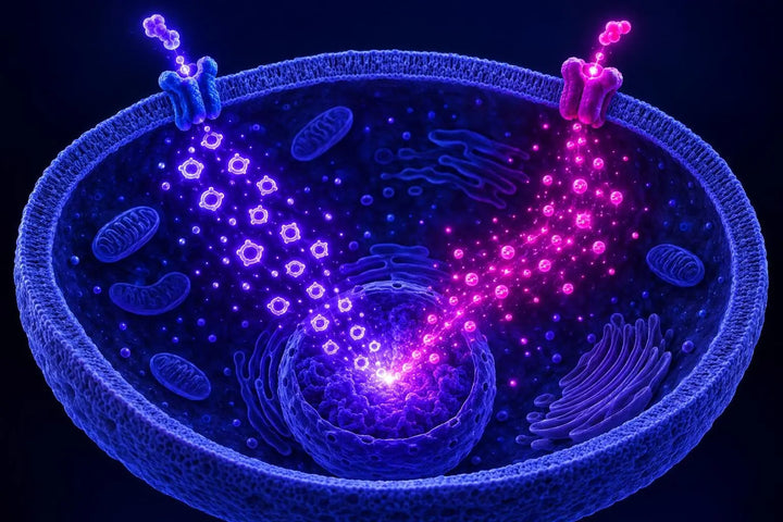 Cell cross-section showing two receptors generating a cyclic AMP signal and a calcium signal that converge at the nucleus, representing dual-receptor pituitary cell assays