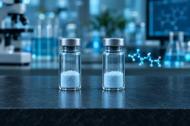 Two vials of blue peptide blend powder side by side, one with an extra tripeptide render, representing GLOW versus KLOW
