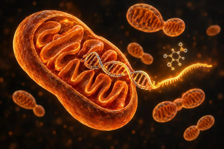 Glowing cross-section of a mitochondrion beside an unwinding DNA strand, representing ERR-driven gene expression, amber lighting