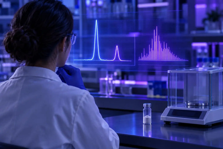 Researcher in a lab coat reviewing a two-peak chromatogram and mass spectrum beside a lyophilized research vial, representing COA verification of a two-component peptide blend