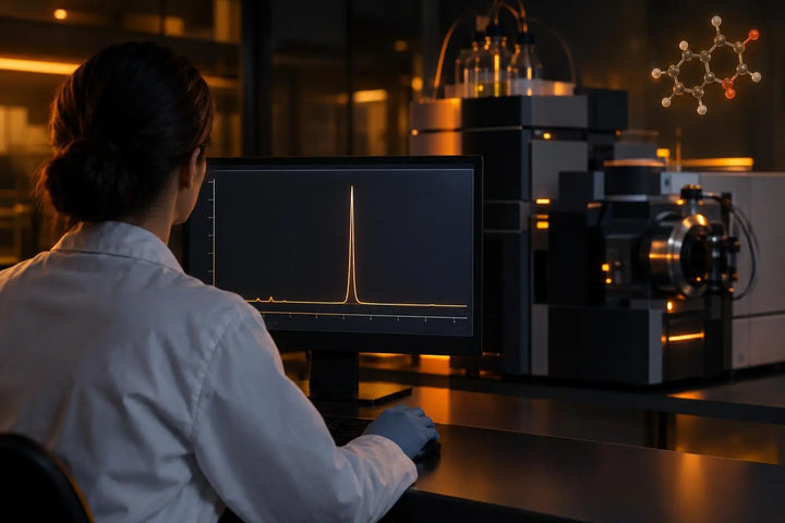 Researcher in a lab coat reviewing an HPLC purity chromatogram on a monitor in an amber-lit analytical laboratory