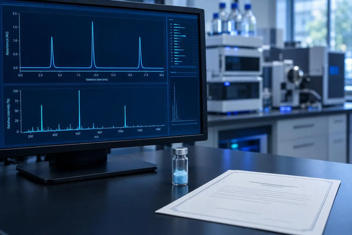 Chromatogram and mass spectrum peaks on a monitor beside a vial of blue peptide powder, representing per-component COA verification of a blend