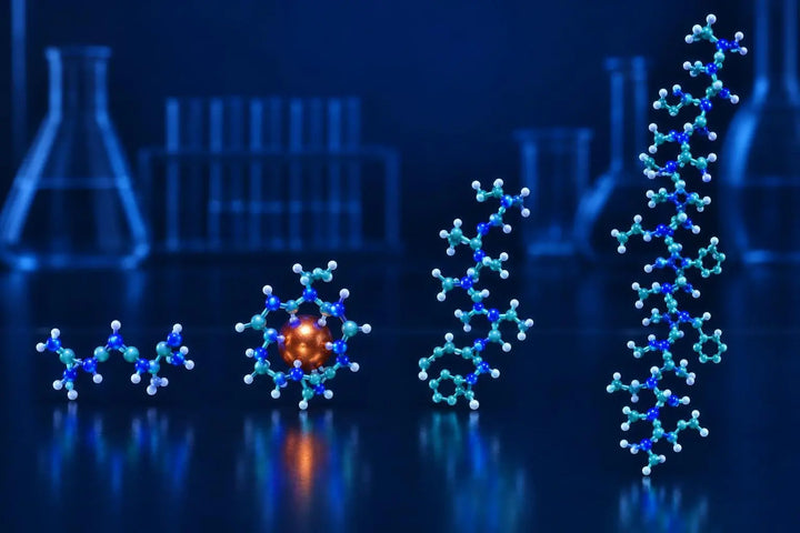 Four peptide molecular structures in a row representing the components of the KLOW research blend