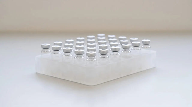 A tray of small 3 mL research vials held upright in a grid on a lab bench.