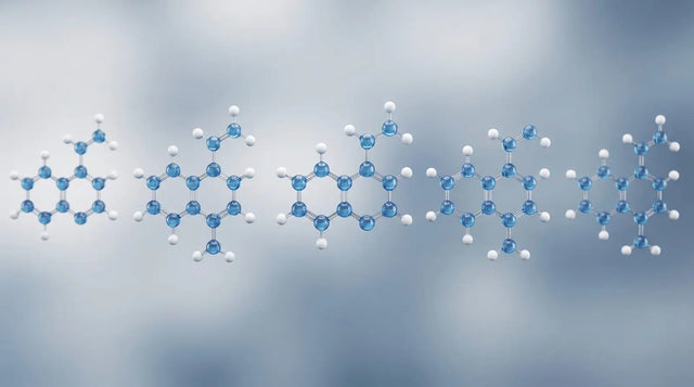 Row of five blue ball-and-stick quinolinium-type ring structures with varied amine positions, representing naming and spelling variants of 5-amino-1-methylquinolinium in chemical identity research.