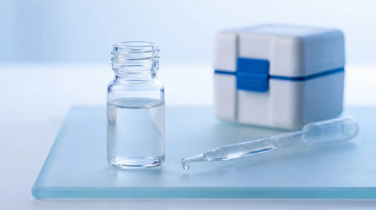Clear glass laboratory vial of aqueous solution with a glass pipette and droplet and a storage box in soft focus, representing in vitro stock solution preparation and storage.