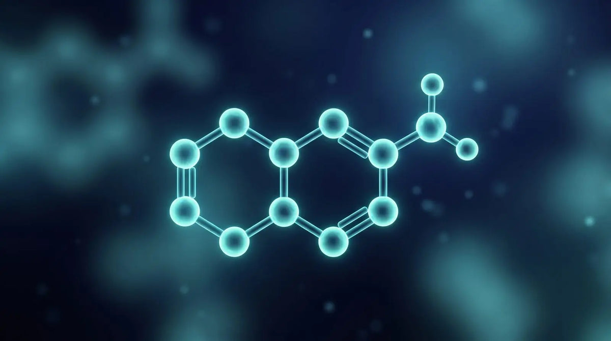Glowing teal ball-and-stick render of a fused bicyclic quinolinium ring with an amine group, depicting 5-Amino-1MQ as a small-molecule NNMT inhibitor for in vitro research.