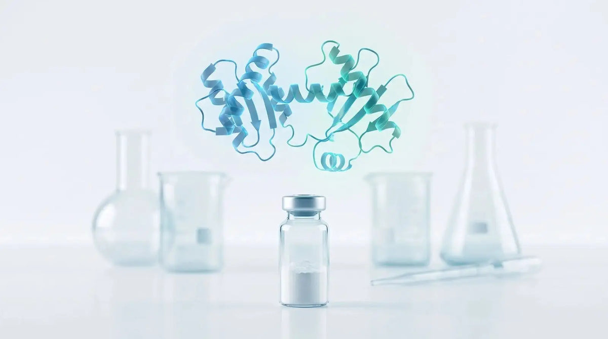 3D molecular ribbon structure of the Sermorelin peptide above a lyophilized powder vial and laboratory glassware, representing Sermorelin as a research compound for in vitro study.