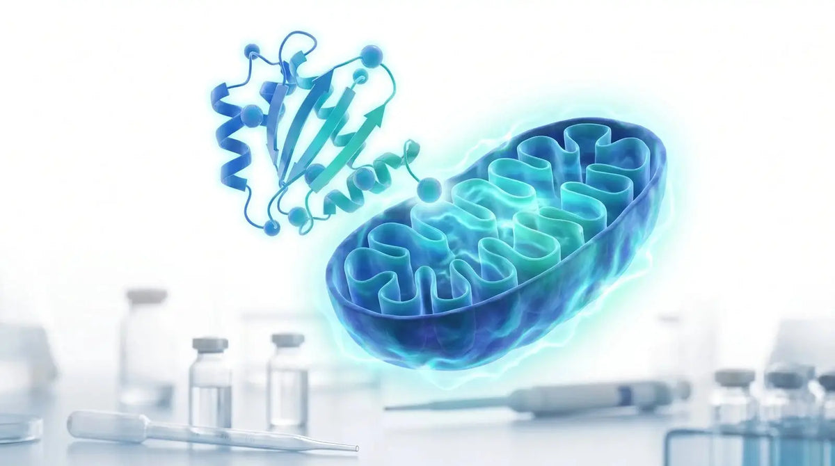 3D peptide molecule interacting with a cross-section of a mitochondrion showing inner-membrane cristae, illustrating the mitochondria-targeting peptide SS-31.