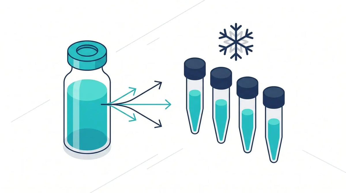 Isometric illustration of one vial splitting into four small sealed tubes with a snowflake above, representing aliquoting a solution into single-use frozen portions