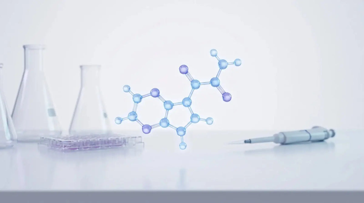 3D ball-and-stick chemical structure of the small molecule SLU-PP-332, an ERR nuclear receptor agonist, above a laboratory bench with a cell-culture plate and glassware.
