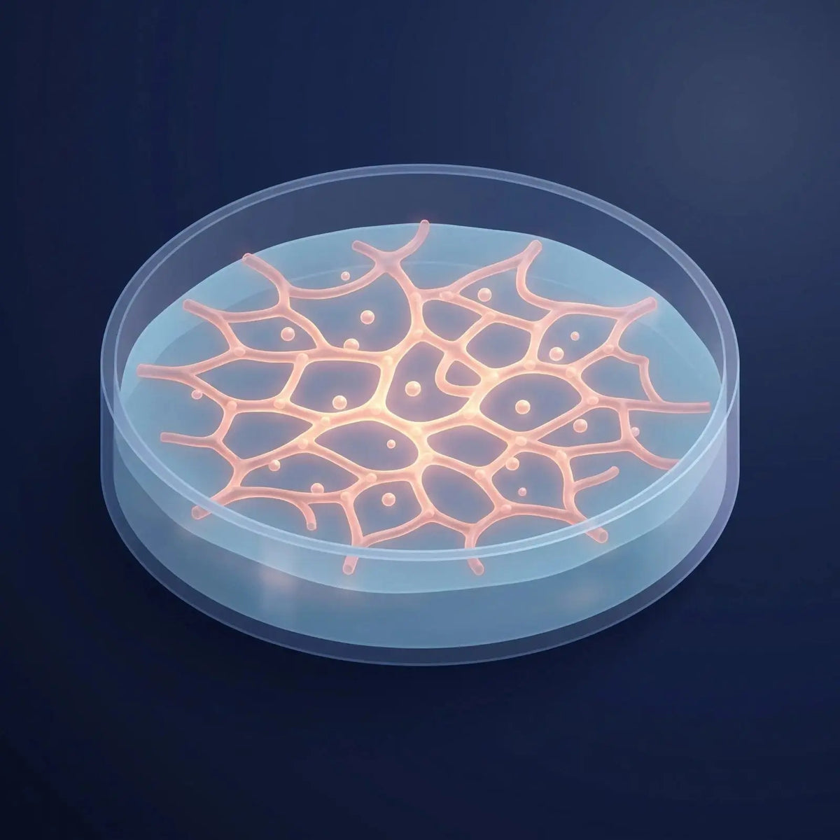 Isometric view of an in-vitro tube-formation assay: glowing endothelial cells organized into an interconnected network of capillary-like tube structures in a culture dish