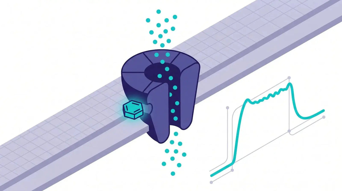 Isometric diagram of an ion-channel receptor with a small molecule at an allosteric site and an electrophysiology current trace, representing aniracetam AMPA-receptor modulation in vitro