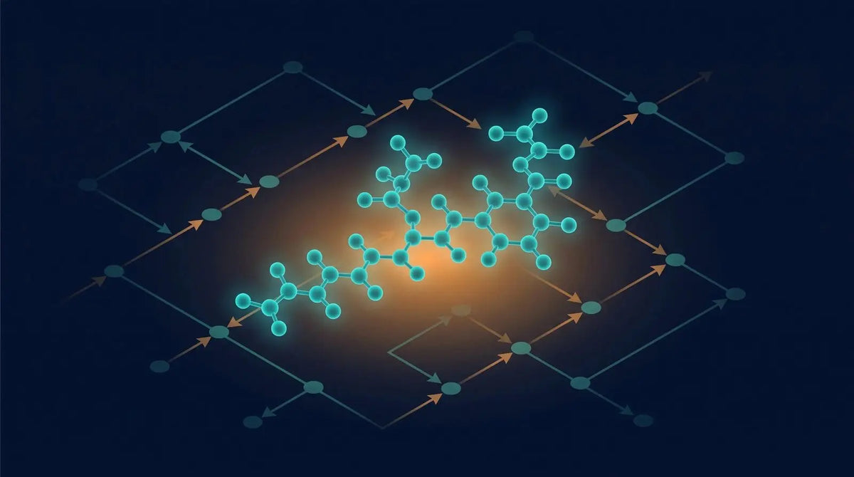 Isometric diagram of a glowing teal peptide-fragment molecule near a faint metabolic pathway diagram of connected nodes and arrows, representing a peptide fragment in metabolic research