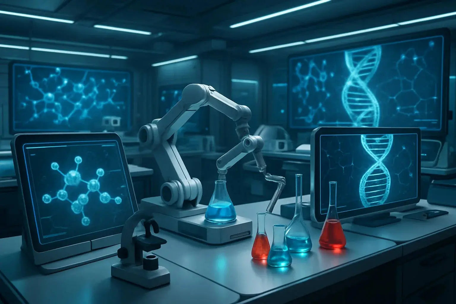 Automated peptide research laboratory featuring robotic arms, microscopes, digital molecular displays, and chemical flasks used in advanced biochemical analysis.