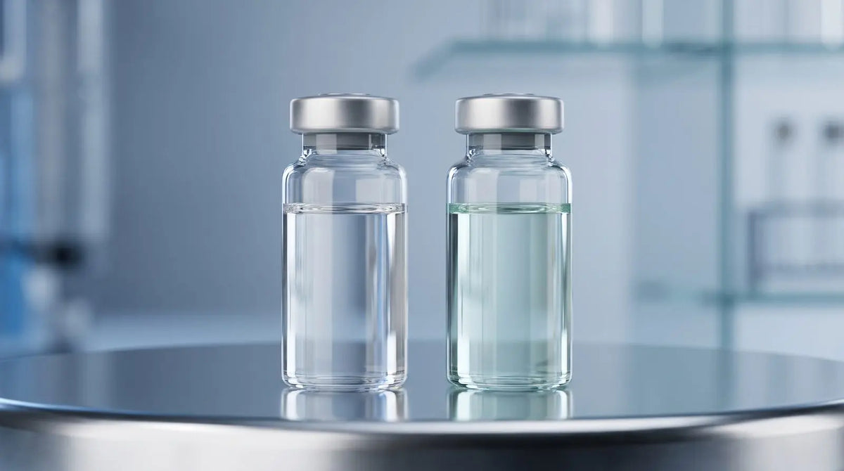 Two clear laboratory water vials side by side on a blue background representing bacteriostatic versus sterile water.