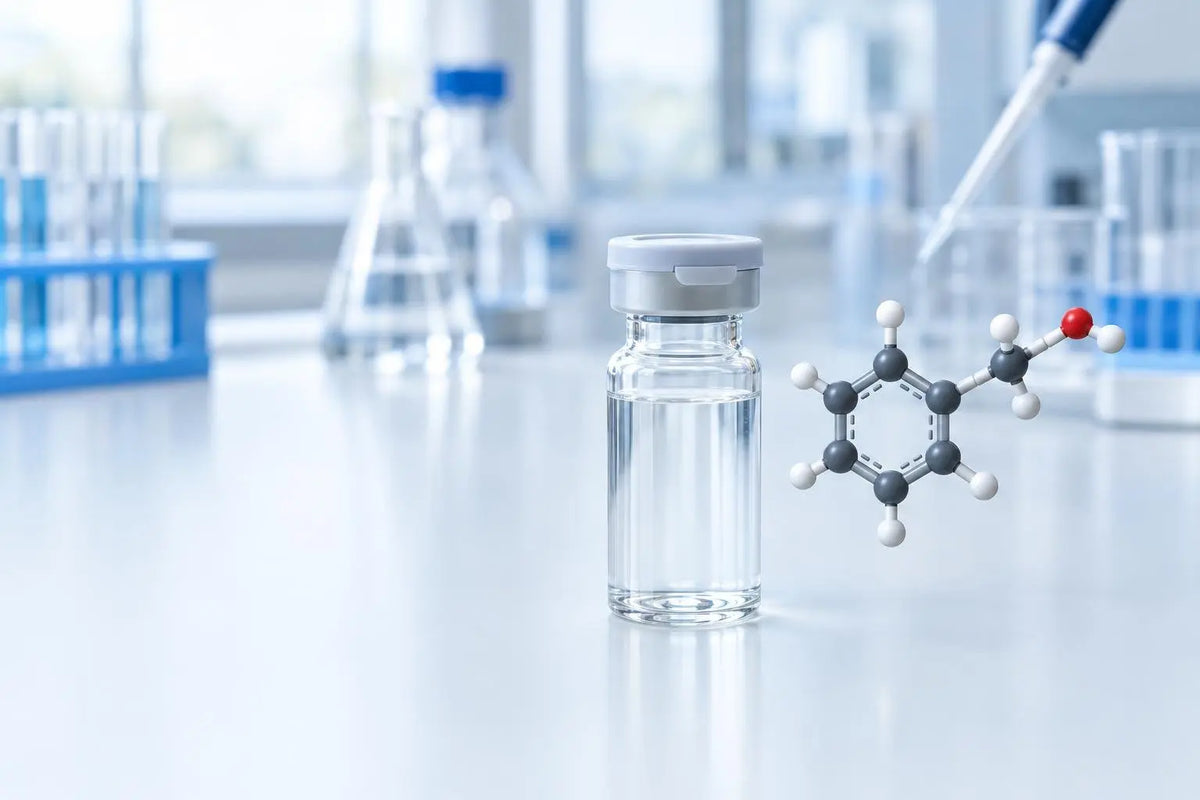 Glass vial of bacteriostatic water on a lab bench with a benzyl alcohol molecule model beside it, illustrating bacteriostatic water for peptide reconstitution in in vitro research