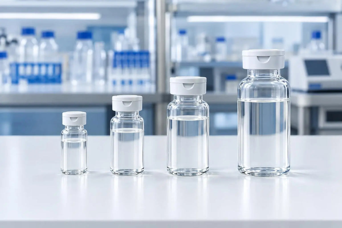 Four unlabeled glass vials of bacteriostatic water in increasing sizes on a lab bench, illustrating choosing a vial size for in vitro peptide reconstitution