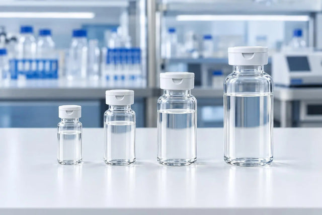 Four unlabeled glass vials of bacteriostatic water in increasing sizes on a lab bench, illustrating choosing a vial size for in vitro peptide reconstitution