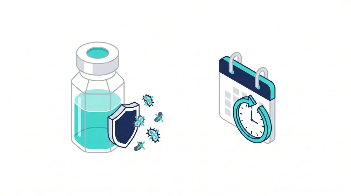 Isometric illustration of a vial of blue solution with a shield and crossed-out microbe shapes beside a calendar and clock, representing bacteriostatic water protecting a stored solution