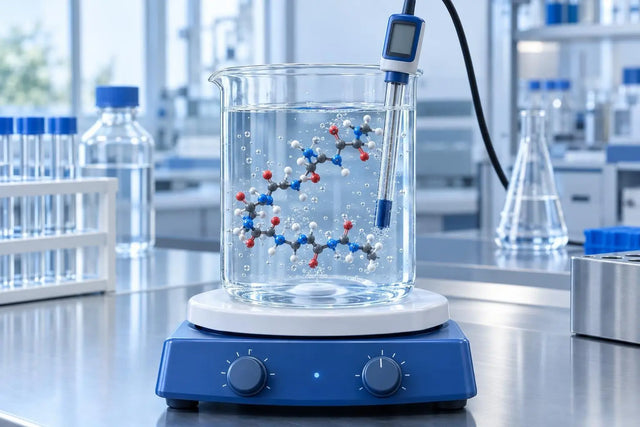 Intact peptide chain in an acidic solution beaker with a pH probe, illustrating in vitro acid stability testing