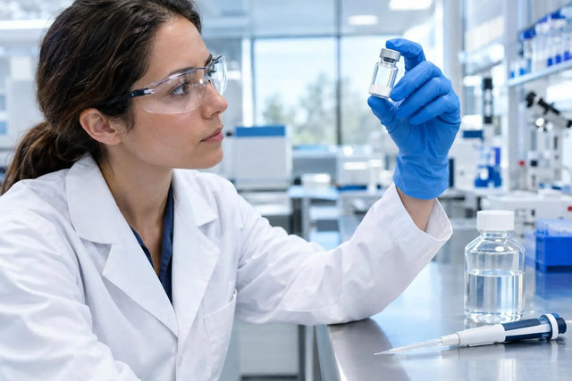 Scientist inspecting a lyophilized peptide vial before reconstitution with buffer, illustrating in vitro stock concentration math