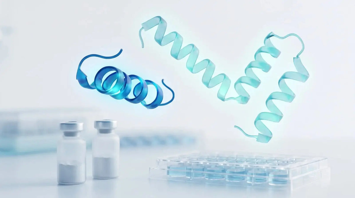 Two distinct 3D peptide ribbon structures, one compact and one extended, above research vials and a cell-culture plate, introducing BPC-157 and TB-500.