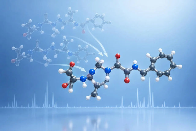 Translucent copies of a peptide molecule converging into one structure, illustrating confirming compound identity for in vitro research