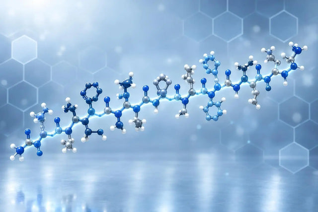 3D ball-and-stick render of a fifteen-residue pentadecapeptide chain, illustrating sequence and structure for in vitro research