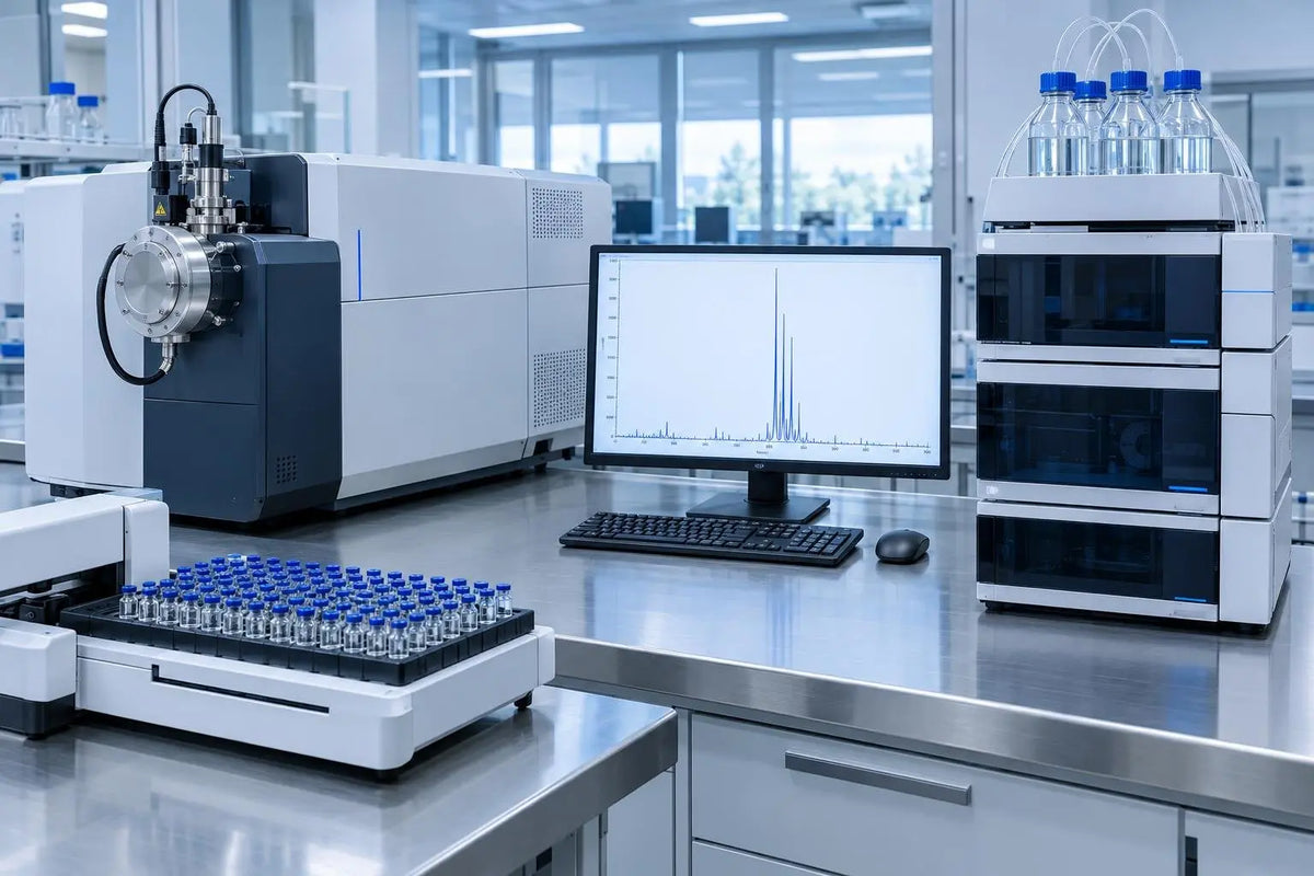 Mass spectrometer and HPLC system with autosampler vials, representing identity and purity testing of research peptides in vitro