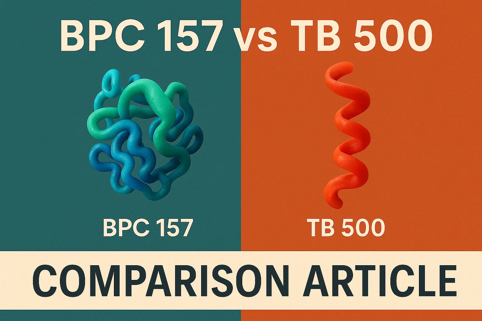 Side-by-side comparison graphic showing BPC-157 and TB-500 with stylized molecular illustrations and the text “comparison article.