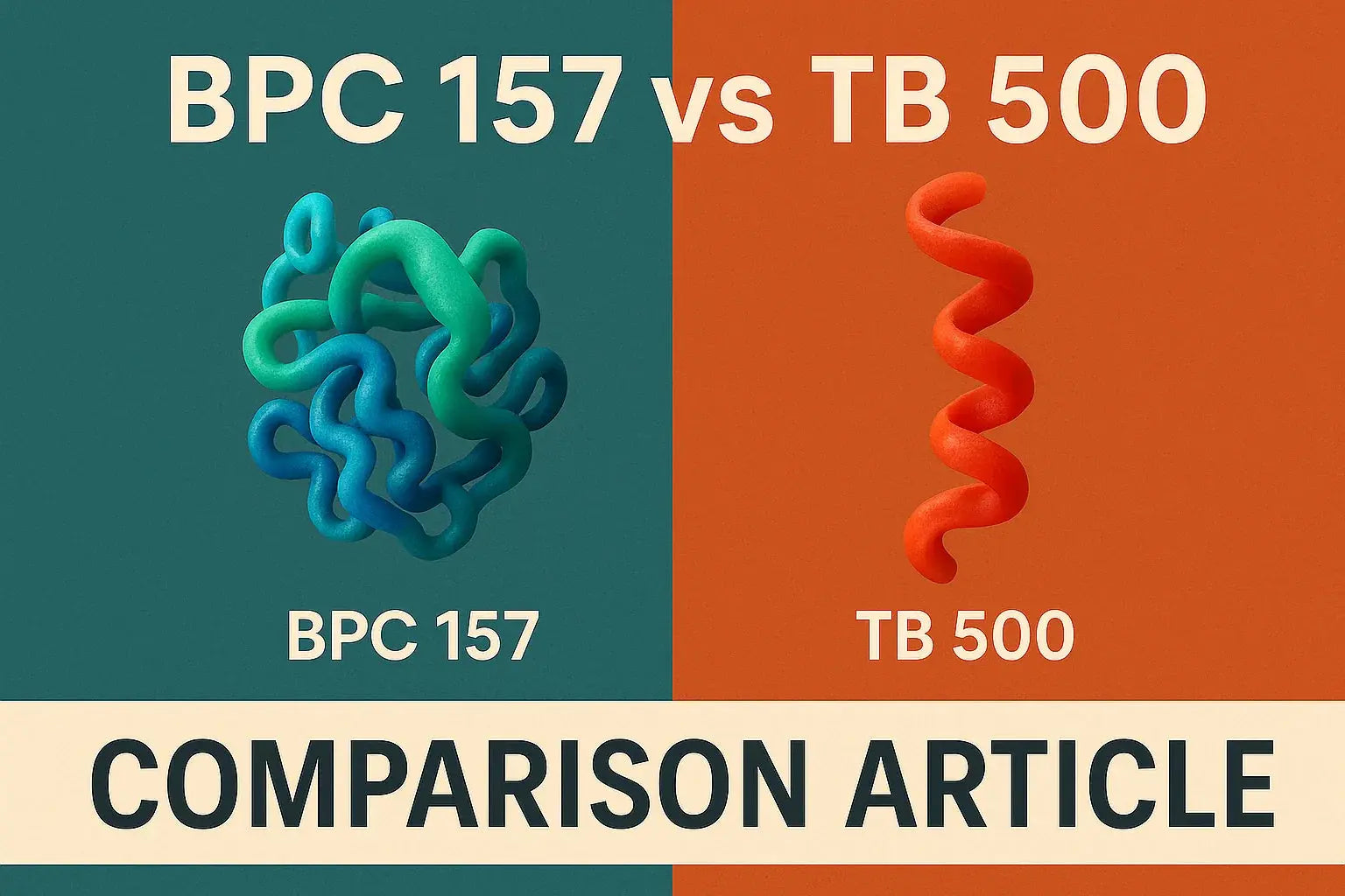 Side-by-side comparison graphic showing BPC-157 and TB-500 with stylized molecular illustrations and the text “comparison article.
