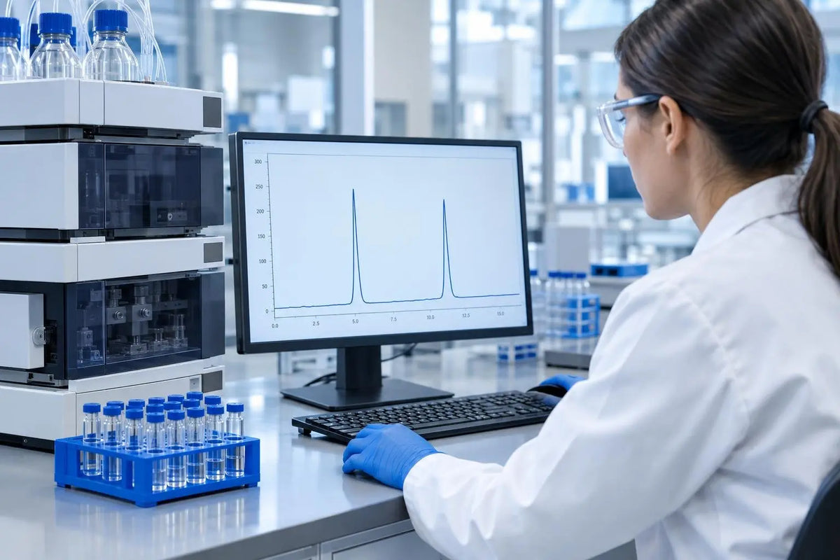 Scientist in lab coat reviewing a two-peak HPLC chromatogram to verify a two-component peptide blend for in vitro research