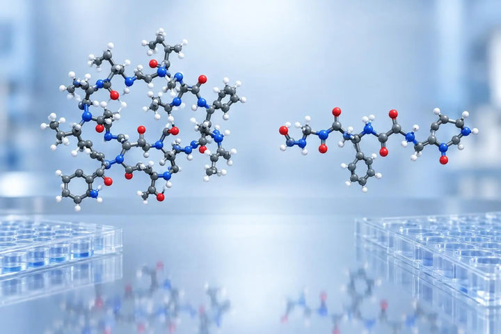 3D render of two peptide chains side by side, illustrating blend composition and ratio studied in parallel in vitro