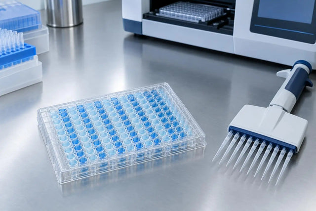 96-well microplate assay with two sample groups on a lab bench, representing in vitro research on a two-component peptide blend