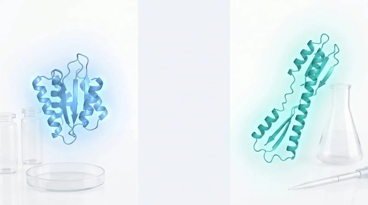 Side-by-side comparison of two 3D peptide ribbon structures, a compact blue one and a longer teal one, representing the mechanisms of BPC-157 versus TB-500.