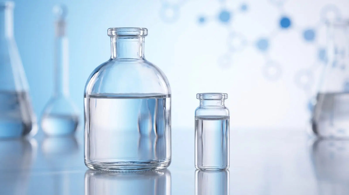 Laboratory glass bottle of clear dilute acetic acid solution beside a small research vial on a blue background
