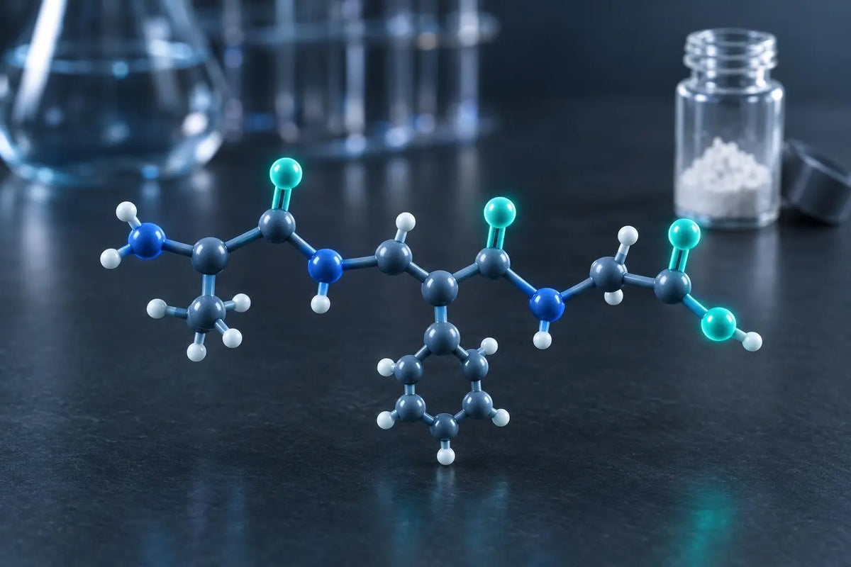 3D molecular render of the Cartalax tripeptide Ala-Glu-Asp in teal and slate tones