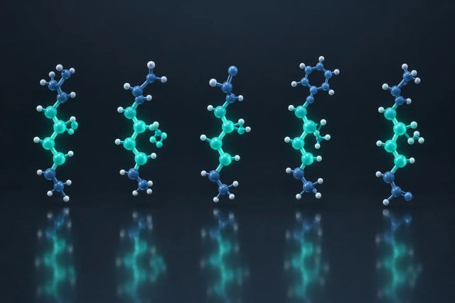 Five related short peptide molecules of the Khavinson family rendered in teal and slate