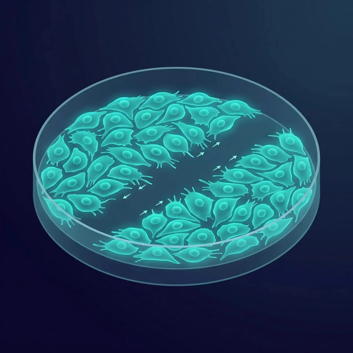 Isometric top-down view of a cell-migration scratch-wound assay: a confluent monolayer of teal cells with a clear gap down the middle and cells migrating inward to close it