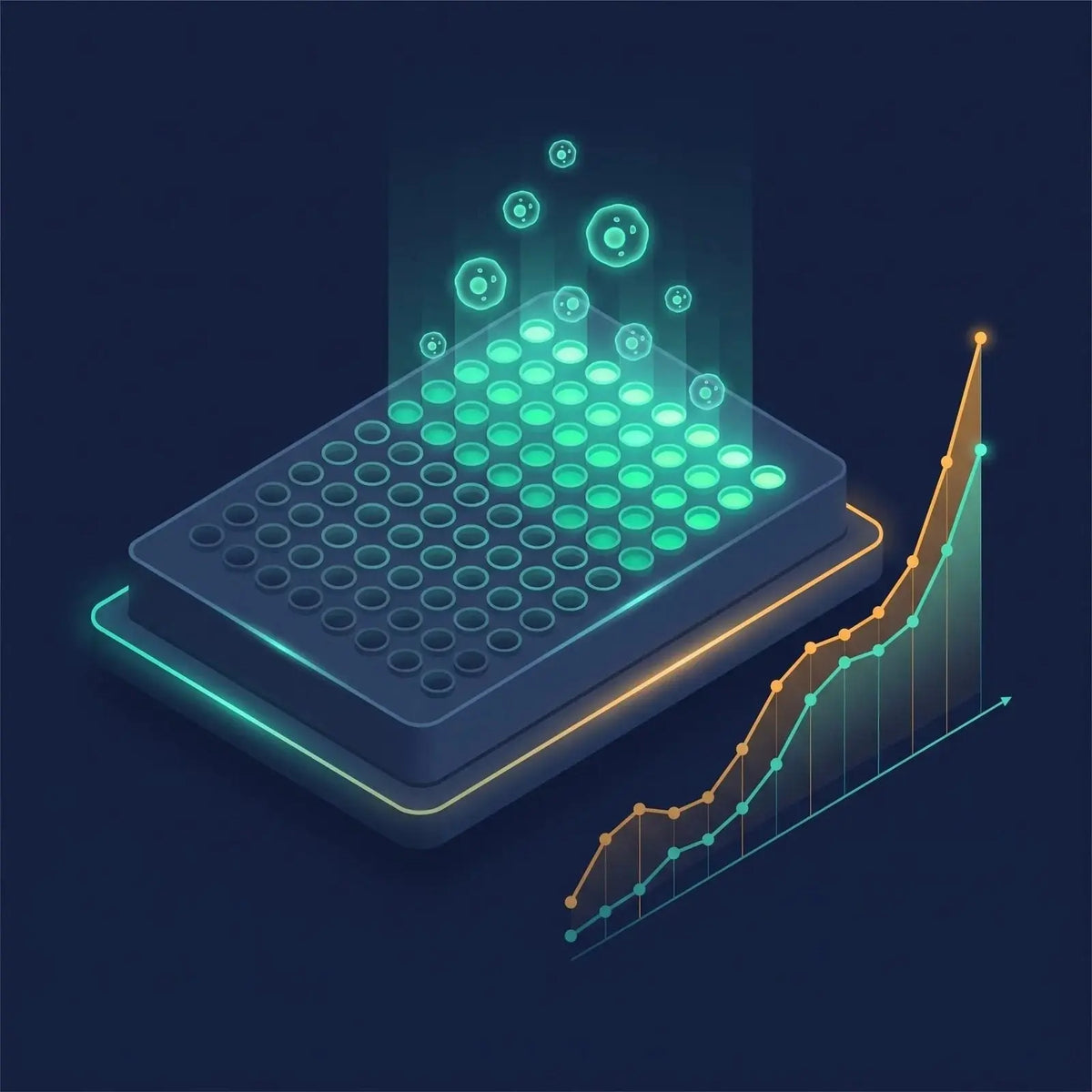 Isometric illustration of a microplate with a gradient of teal fluorescence indicating living cells, with cell icons and a rising growth curve, representing viability and proliferation assays