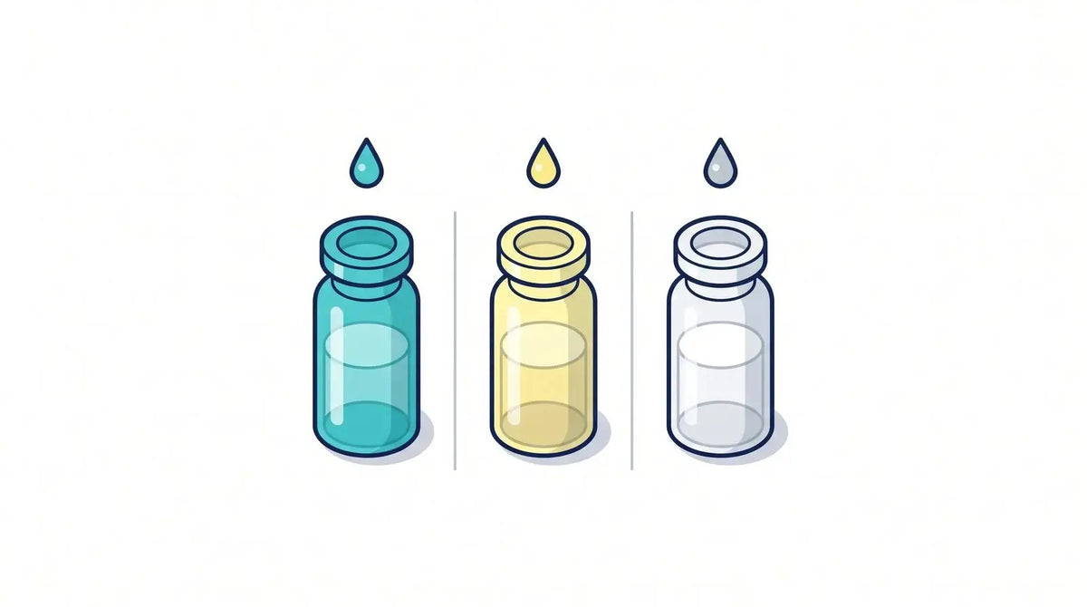 Isometric illustration of three reconstitution-solvent vials side by side with a droplet above each: bacteriostatic water, dilute acetic acid, and plain water