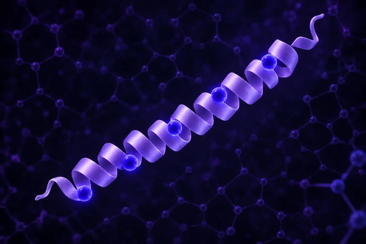 Alpha-helical peptide ribbon with four highlighted residue positions, representing the substitutions in Modified GRF(1-29)