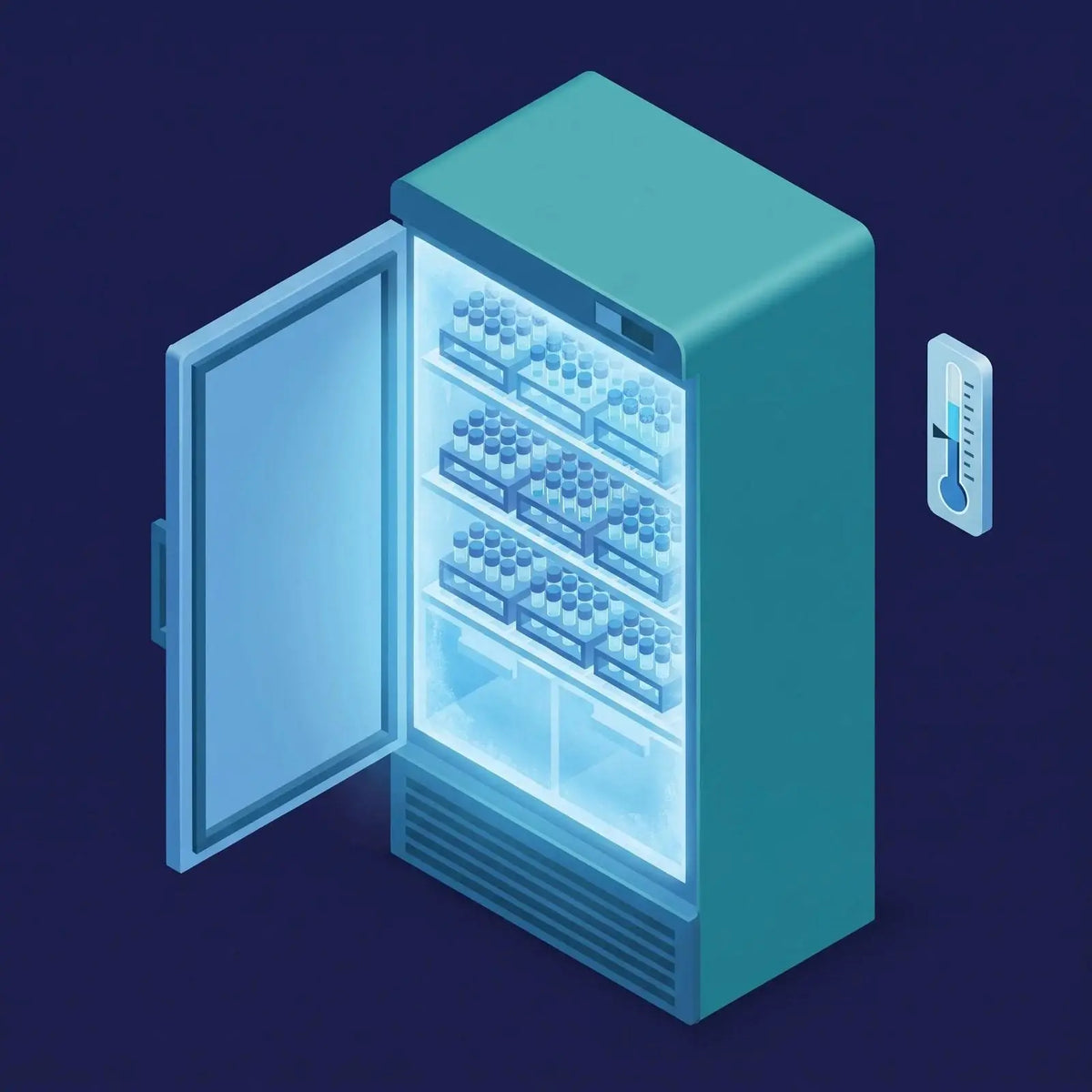 Isometric illustration of an open lab cold-storage freezer with shelves of organized vial racks and a cold frosty glow, beside a thermometer gauge, representing cold-chain storage