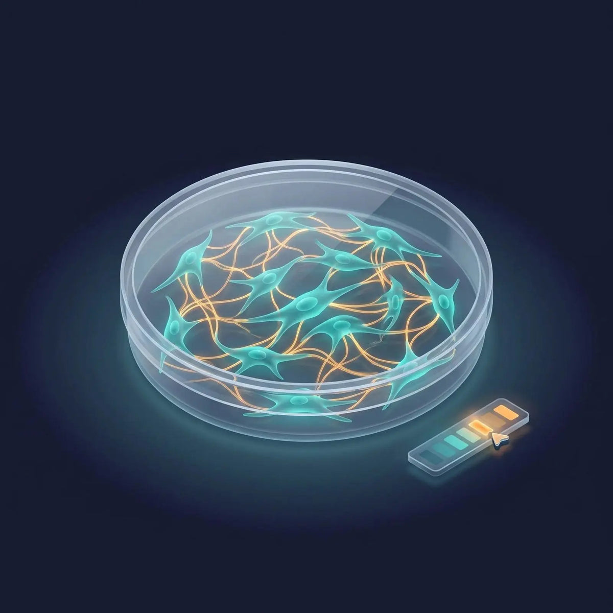 Isometric diagram of a fibroblast cell-culture dish with elongated teal fibroblast cells secreting glowing amber collagen fibers, beside a colorimetric indicator, representing a collagen-production assay