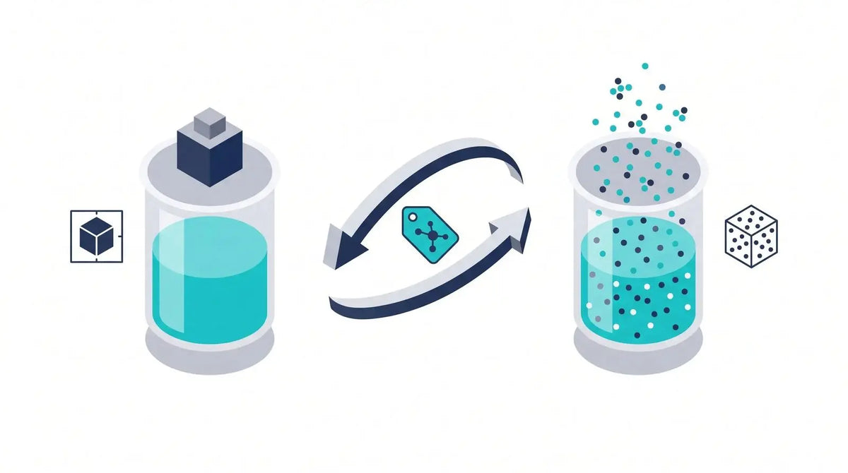 Isometric diagram of a mass-per-volume beaker and a molecules-per-volume beaker with a molecular-weight conversion arrow between them