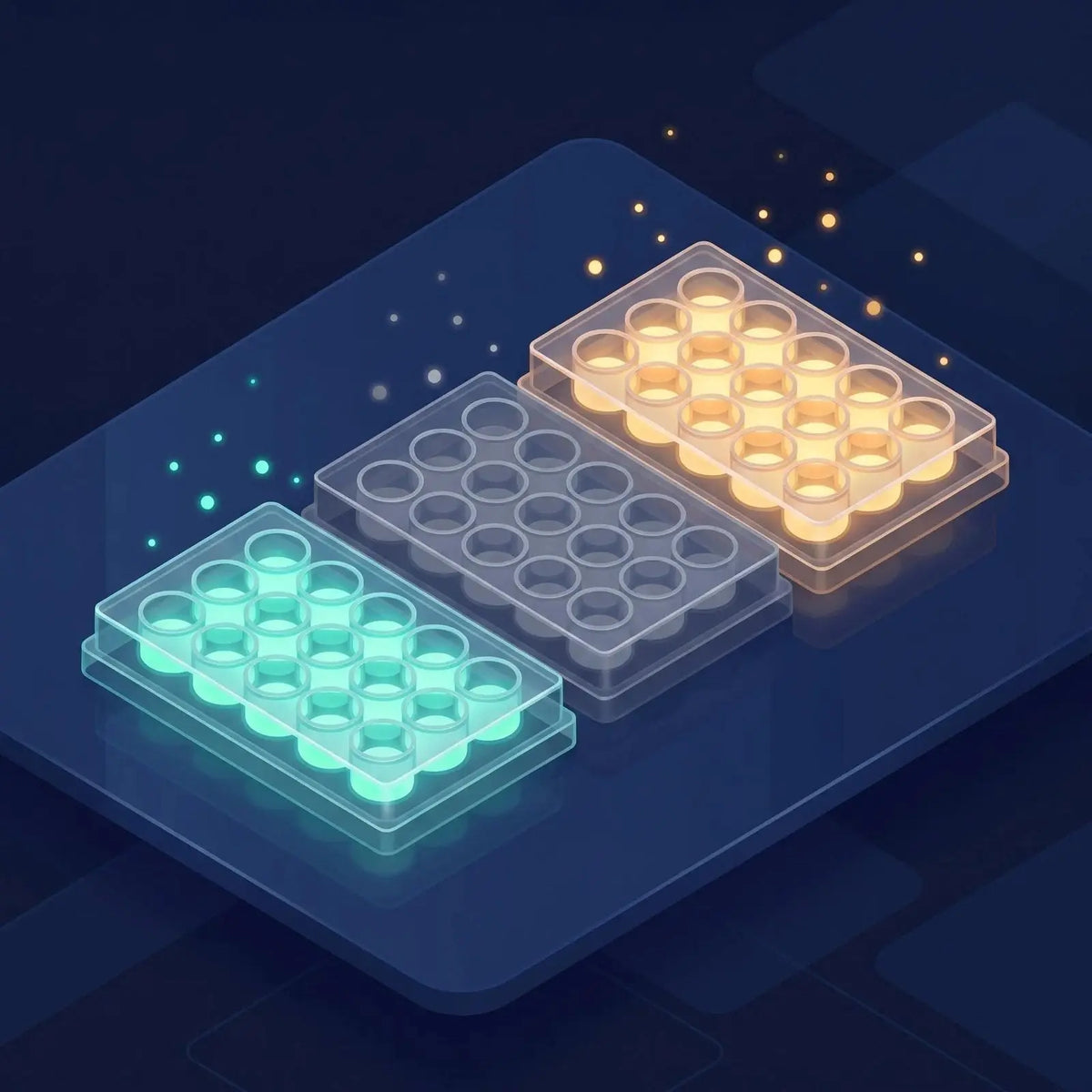 Isometric illustration of three identical well plates side by side glowing teal, grey and amber, representing a test condition, a negative control and a positive control with replicates