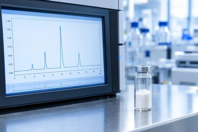 HPLC chromatogram on an instrument screen beside a glass vial of white lyophilized powder on a steel bench, representing identity and purity checks for in vitro research.
