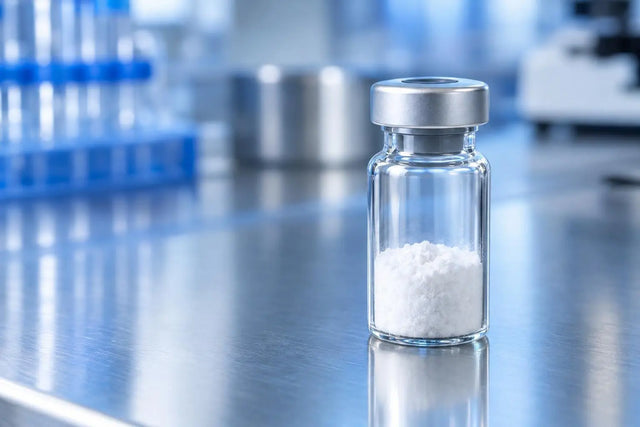 Clear glass vial of white lyophilized peptide powder on a laboratory bench, representing the solid salt form of a research compound for in vitro use.